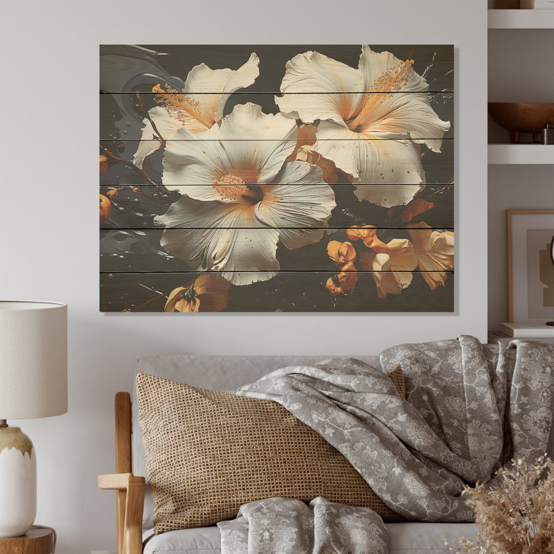 Hibiscus orange Blossums - Art mural en bois d'hibiscus sur bois de pin naturel, H 10 po x l 20 po