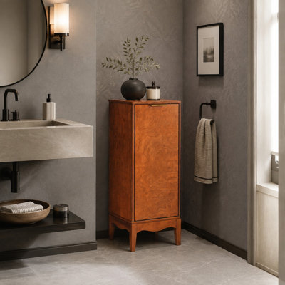 Tall Narrow Bathroom Floor Storage Cabinet with Single Door, Slim Freestanding Linen Cabinet with Metal Handle, Reddish Brown