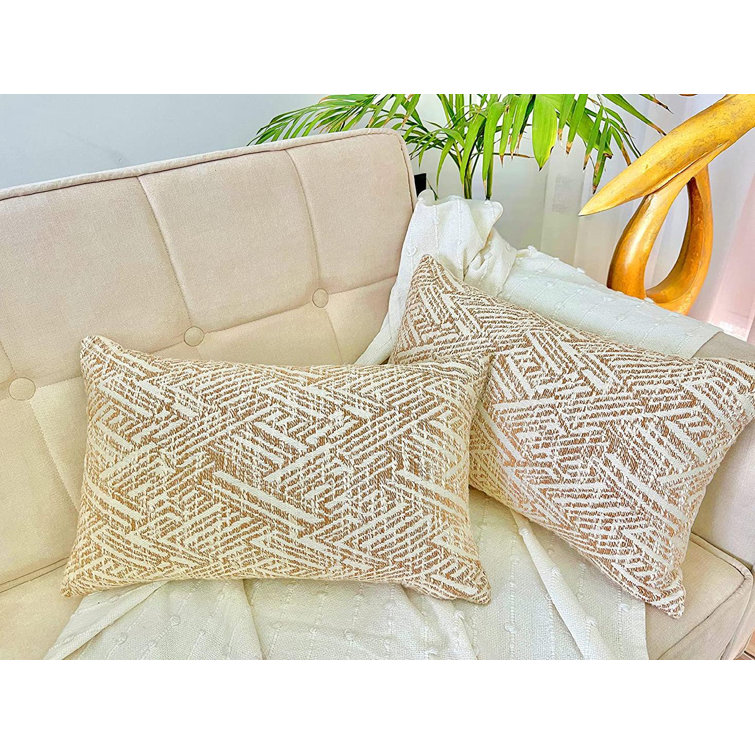 Farmhouse Lumbar Pillow Cover for Couch Safa, Bed, Living Room, Neutral Gold Leather Accent Pillows Cotton Linen Small Decorative Pillow Covers (Set O