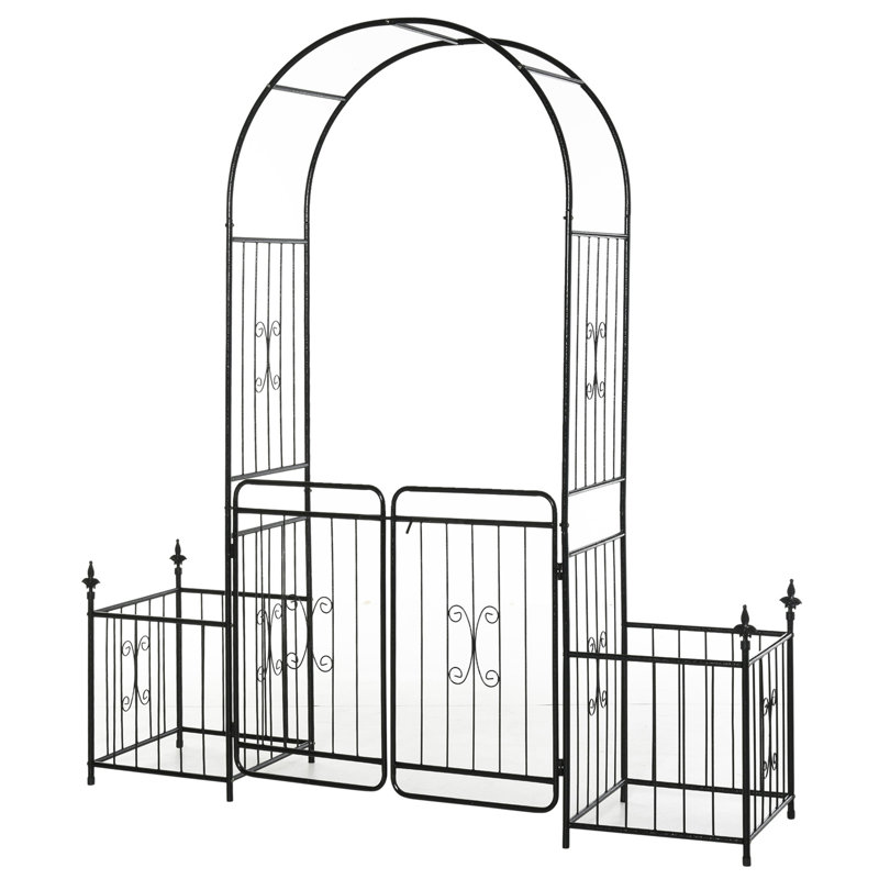 Barrière de jardin en arche avec côtés en treillis pour plantes grimpantes, décorations de mariage, vignes avec portes verrouillables, paniers à fleurs, fleurs et pointes de flèches,