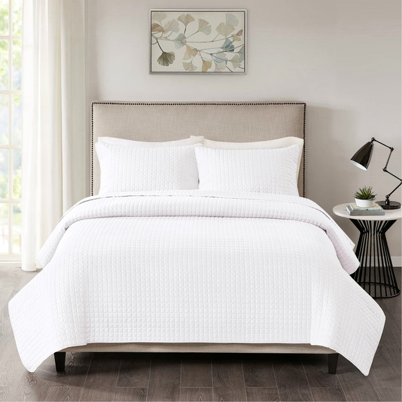 Full/Queen White Reversible 3 Piece Quilt - Square Check, Fill, Cleanable Check Pattern, , Soft Machine Washable