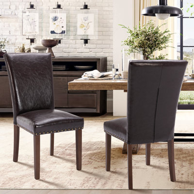 PU Leather Dining Chairs Set of 2, Nailhead Trim Parsons Side Chairs with Solid Wood Legs, High Back Upholstered Kitchen Chairs