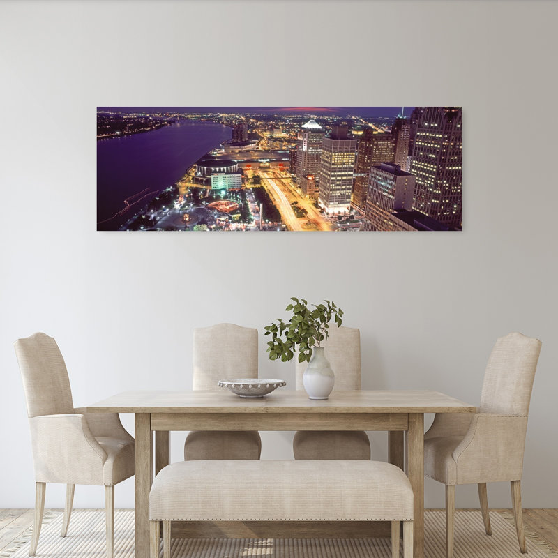 Buildings in a downtown district at night Detroit Wayne County Michigan USA 1 Piece Wrapped Canvas Panoramic Wall Art