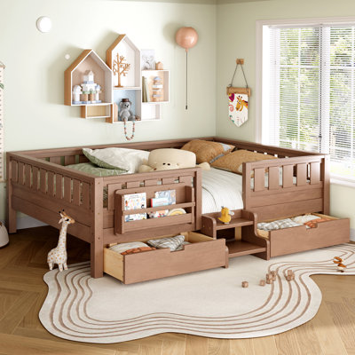 Grand lit mezzanine avec tiroirs de rangement et bibliothèques intégrées, escalier et rails de sécurité, cadre de lit pour enfants en bois, naturel