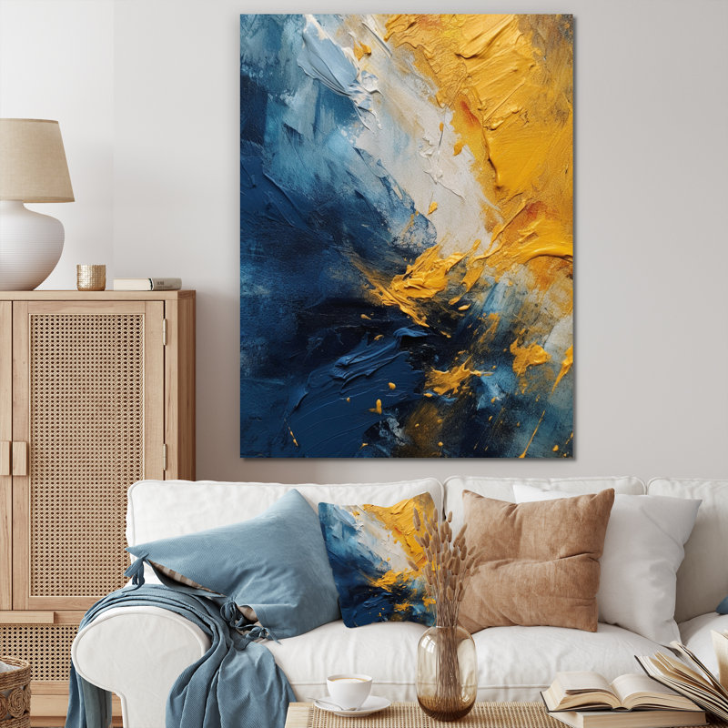 Expressions intuitives bleues et jaunes II - Art mural abstrait pour le salon, H 20 po x l 12 po x P 1 po, Toile tendue