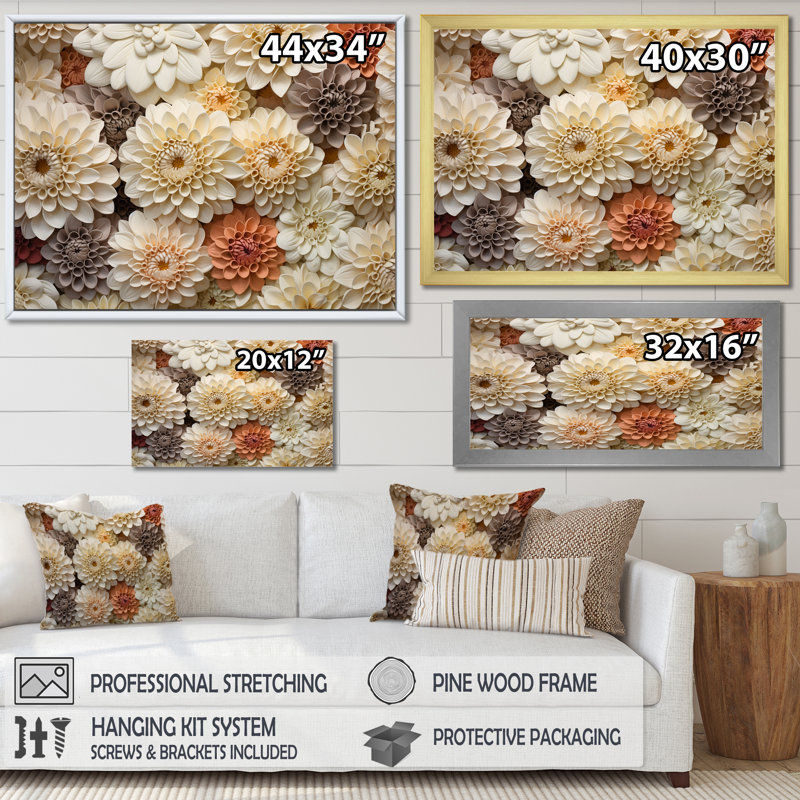 Minimalisme, fleurs de zinnias beiges sur toile, H 34 po x l 44 po x P 1,5 po, Cadre simple noir