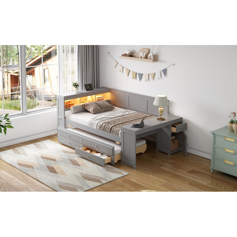 Full Size Daybed With Storage Shelves,Drawers,Trundle,Charging Station,LED Light,Desk And Cabinet, Gray
