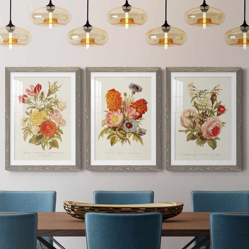 Antique Floral Bouquet I Premium encadré mat - prêt à accrocher, H 20 po x l 51 po x P 1,5 po, Gris