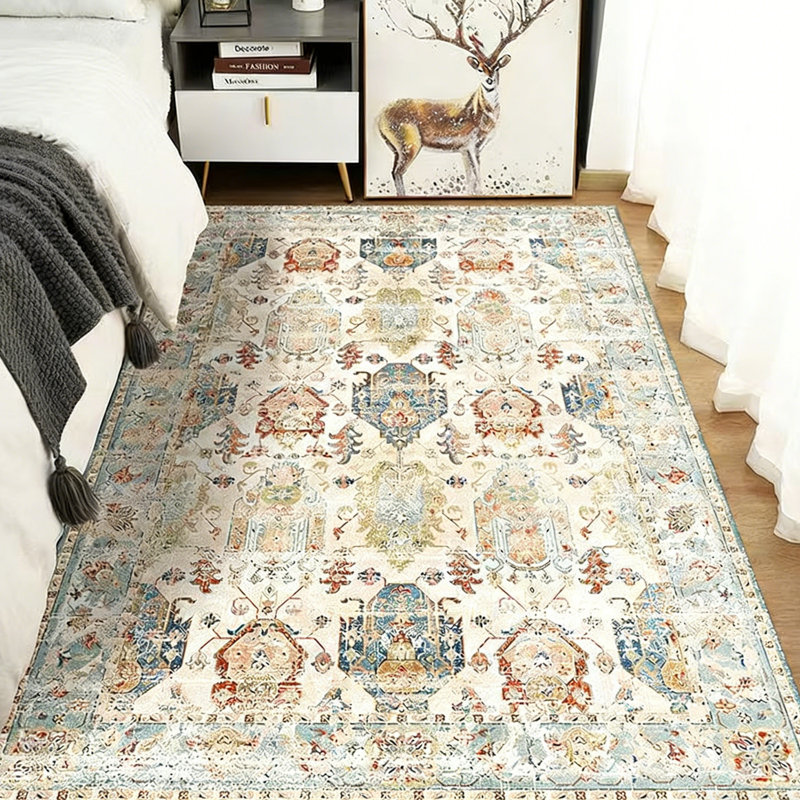 Bohemian Vintage Oriental Area Rug, Soft Faux Wool Floral Medallion Carpet, Non-Slip Washable