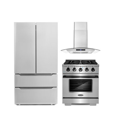 3 Piece Kitchen Package With 30"" Freestanding Gas Range With Custom Handle And Knob Kit 30"" Wall Mount Range Hood 36"" French Door Refrigerator -  Cosmo, COS-4PKG-1002