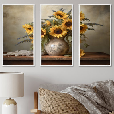 «Vintage Sunflowers Bouquet Still Life I» - ensemble de reproductions d'art mural tournesols