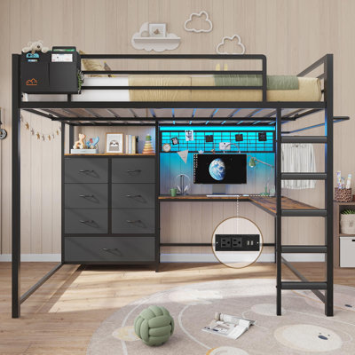 Full Loft Bed With L-shaped Desk And 7 Storage Drawers,metal Full Size Loft Bed For Led Lights And Charging Station,13.11" H Safety Guardrail And Ladd by Mason & Marbles