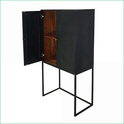 Armoires, armoire d'appoint à 2 portes avec rangement et amp; Présentoir, 31,5 x 16,5 x 60, bois d'acacia, noir | Moderne | Panneau de fibres à densité moyenne + fer, bois massif