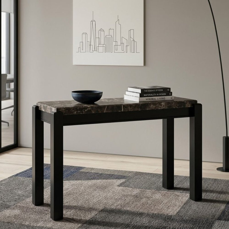 Yron 50 po Console espresso / grise rectangulaire en faux marbre avec pieds blocs