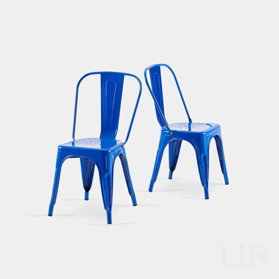 Ensemble de 2 chaises de salle à manger industrielles en métal bleu lustré de 18 pouces de hauteur, empilables à l'intérieur, à l'extérieur, légères, faciles à nettoyer, faciles à assembler, de conception moderne et durable