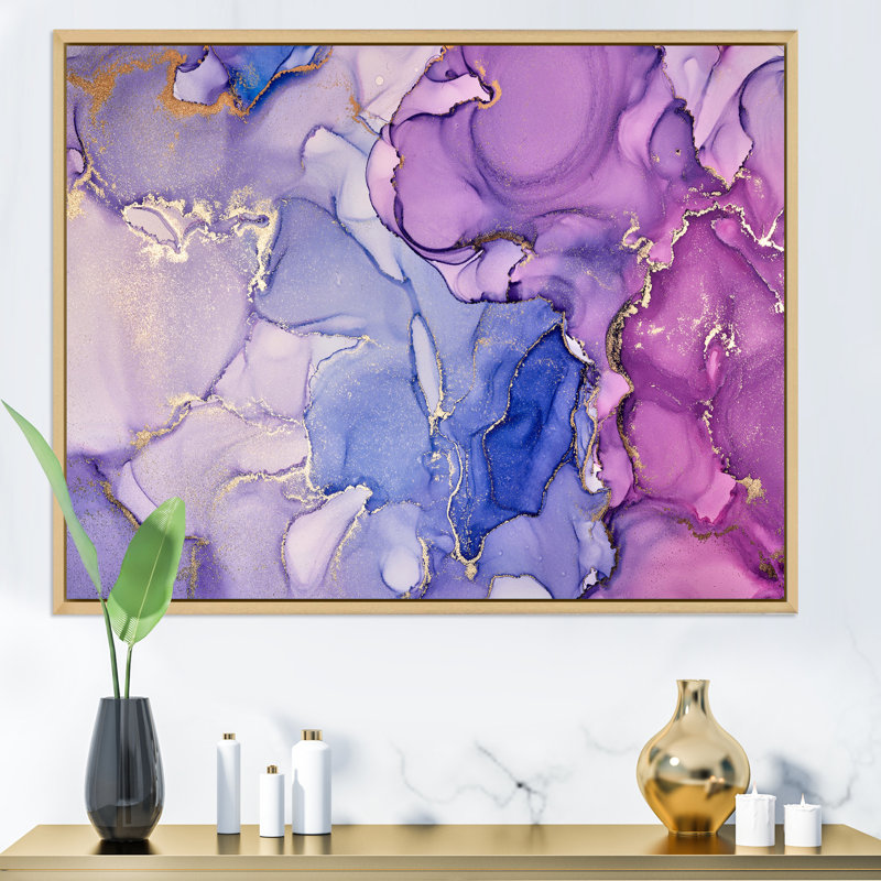 «Pink and Blue Ink Clouds V», reproduction d'art sur toile moderne, Cadre flottant en érable, H 34 po x l 44 po x P 1,5 po