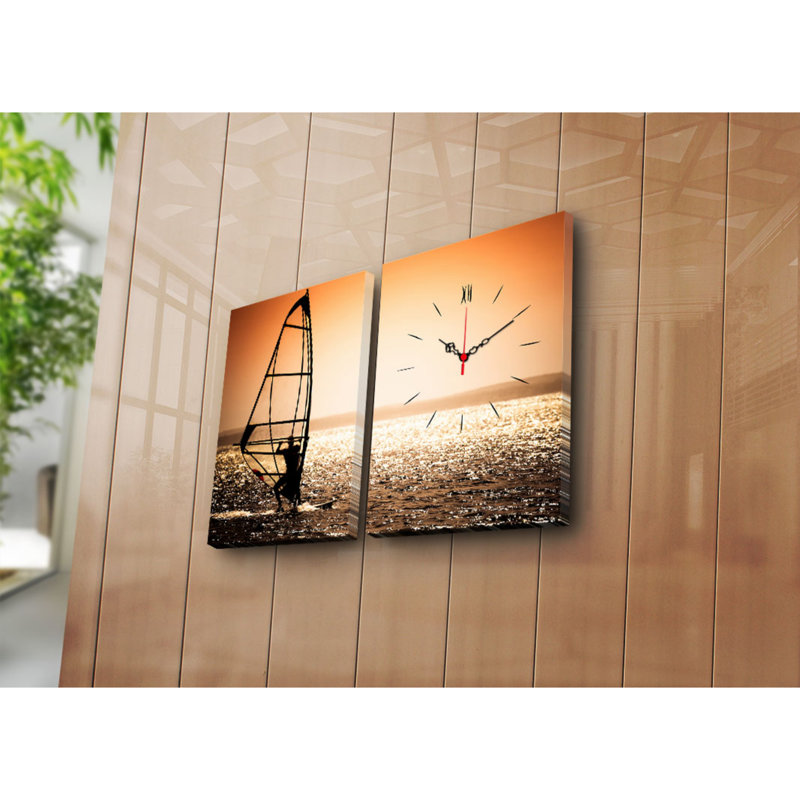 Horloge murale élégante en toile décorative (2 pièces), 25,2 po x 15,7 po | Toile 100% suède avec cadre 100% bois (épaisseur: 1,2 po) | Décoration élégante, parfaite pour les espaces de salon et de bureau, conception unique de garde-temps
