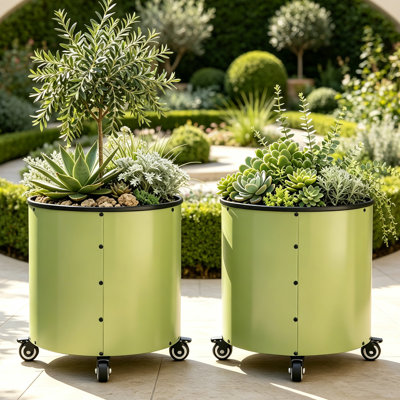 Ensemble de 2 pots de fleurs ronds en métal de 56,4 cm (22,2 po) avec roulettes, grand pot de fleurs d'extérieur de 136 litres (36 gallons), vert olive