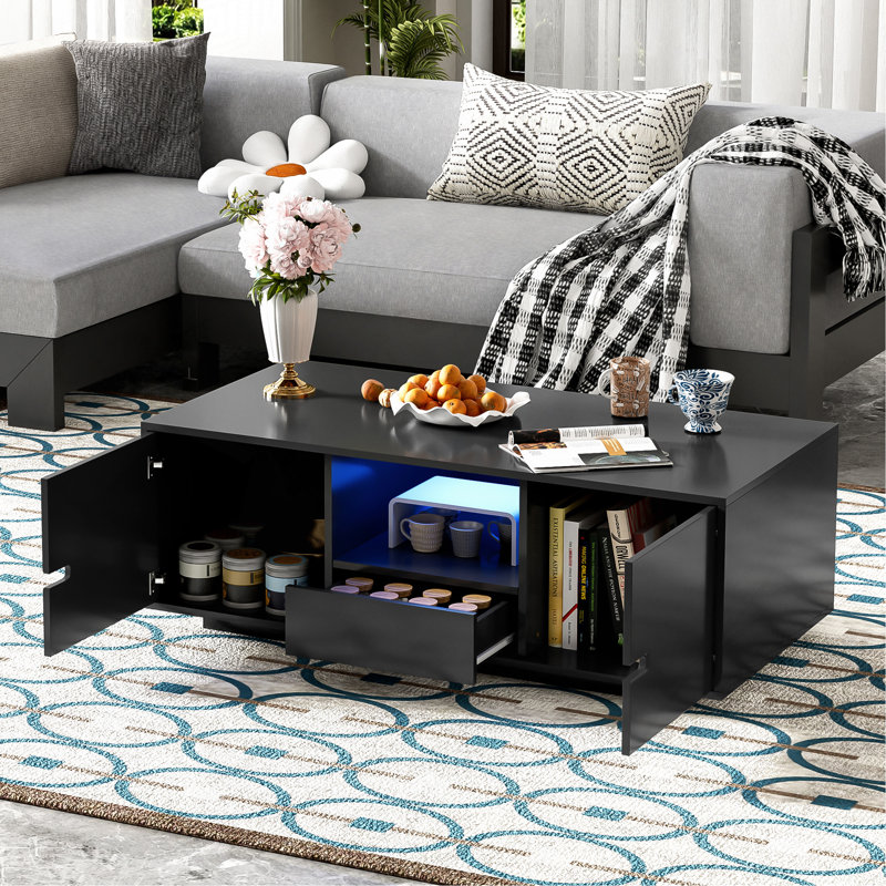 Table basse rectangulaire moderne ultrabrillante, table centrale élégante avec espace de rangement, mobilier d'appoint avec 16 lumières DEL de couleur pour le salon