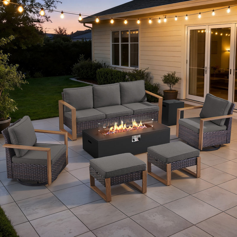 Drazen 7 - Person Patio Furniture Set With Fire Pit Table, All-Weather Wicker Outdoor Conversation Set With Chair And Thick Cushions
