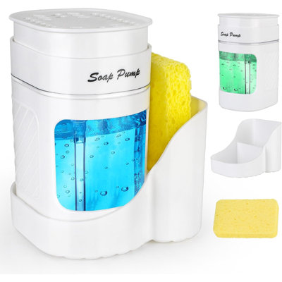 14.5 Ounces Kitchen Soap Dispenser, 3-in-1 Dish Soap Caddy Set with Sponge Holder, BPA-Free ABS Press Soap Pump with Detachable Leakproof Tray, Includes Wooden Paddle Sponge