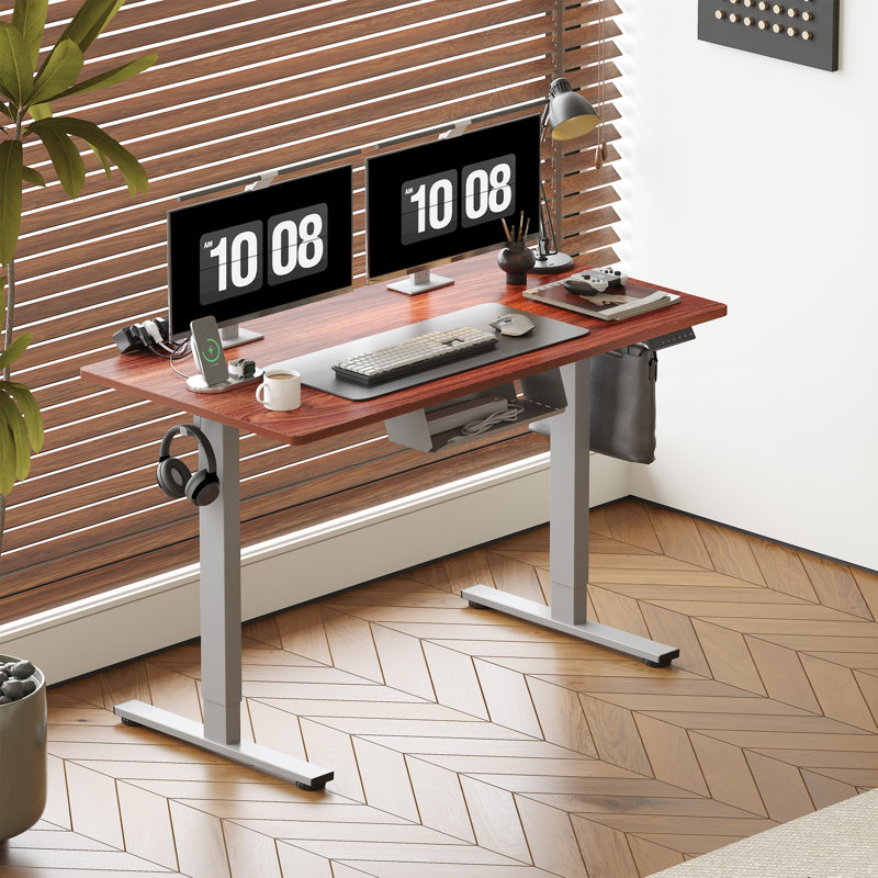 Adjustable Standing Desk, Whole-Piece Desktop, 55" W x 28" D, Mahogany/Gray