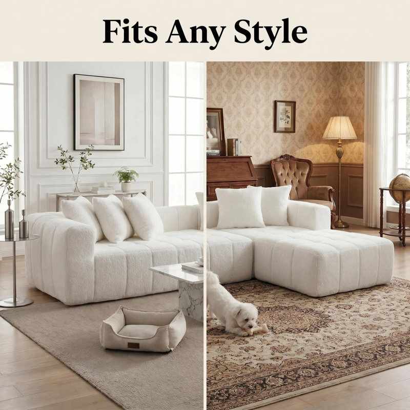 107.9“Boneless Couches L Shaped Cloud Couch Modular Sectional Sofa with Chaise, Boucle Channel Tufted Design, Living Room Furniture .