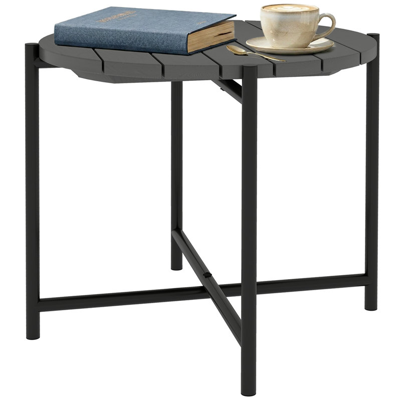 Outsunny 54 cm Round Small Garden Table with Slatted Wood Top Dark Grey