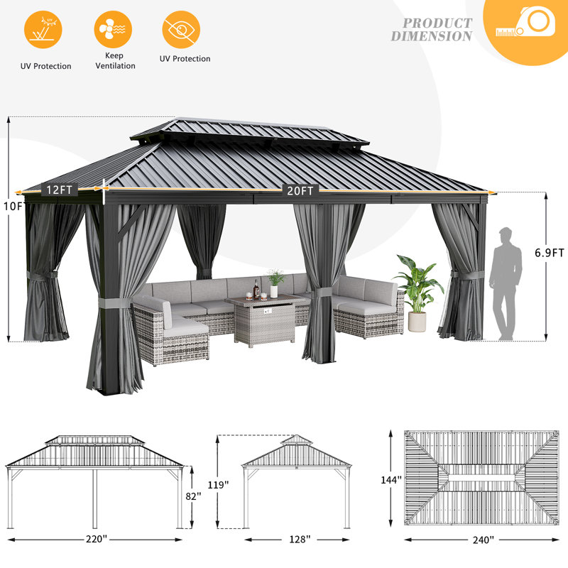 Aluminum Patio Gazebo with Double Roof, 20 ft x 12 ft