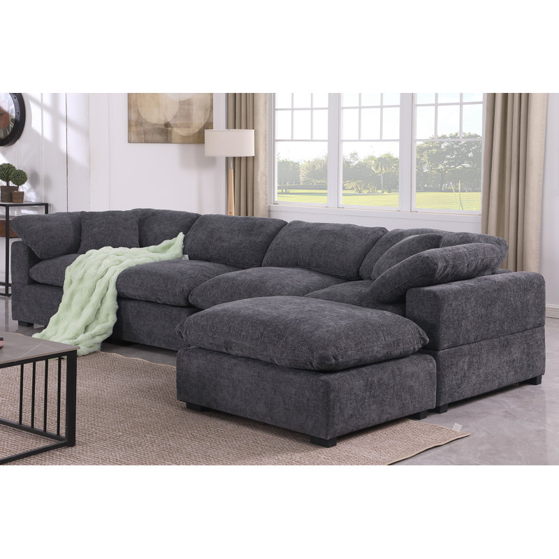 Amiyiah Upholstered L-shaped Couch With Ottoman Sectional, Dark Gray Polyester