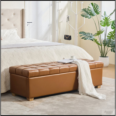 Banc de rangement rembourré en polyuréthane de 60,2 po de large avec repose-pieds capitonné avec repose-pieds pour salon, chambre à coucher, entrée, salle à manger, dortoir, coin, brun brûlé