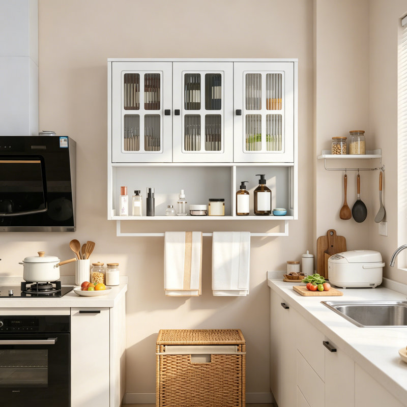 Bathroom Wall Cabinet, 3-Door Wooden Wall Cabinet With Open And Hidden Storage Space, Medicine Cabinet With Glass Door And Towel Bar