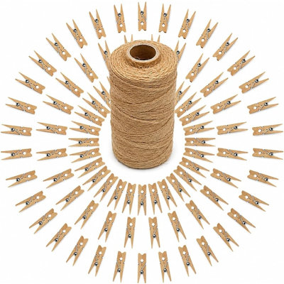 100PCS Mini Wooden Clothespins with Jute Twine – 1.4" Natural Photo Clips for Crafts & Decorations