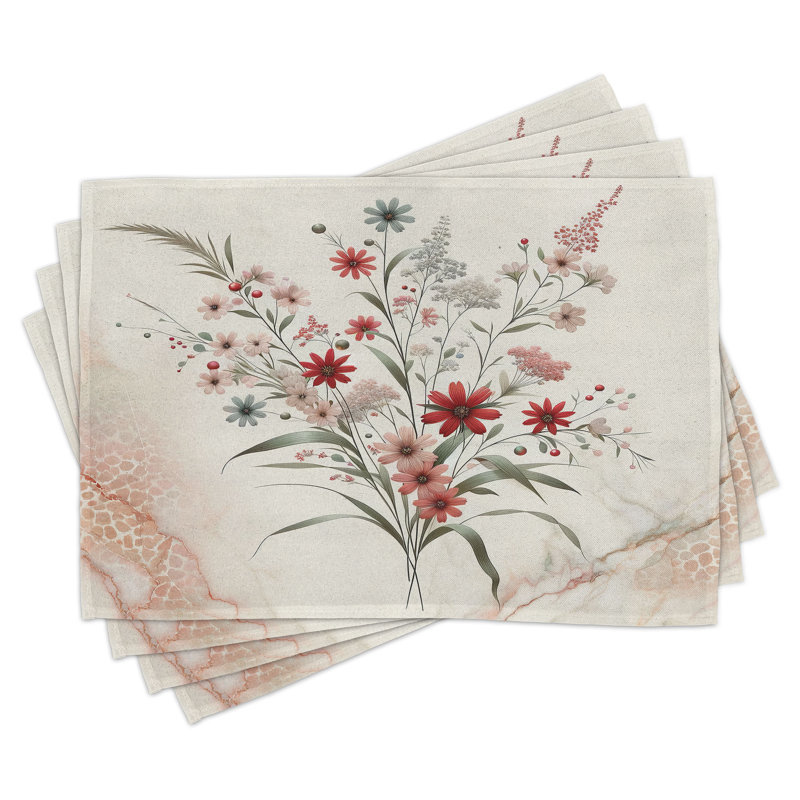 Blush Ivory Sage Green Floral Polyester Rectangle Placemats Set of 4