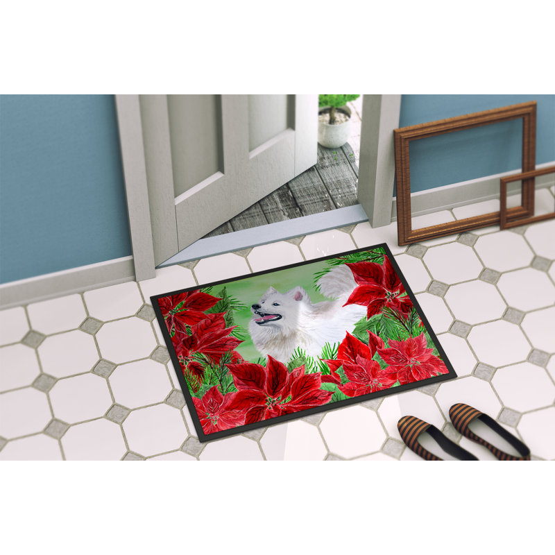 Samoyède poinsettas 27 po x 18 po tapis de porte extérieur antidérapant, Rectangle 1 pi 6 po x 2 pi 3 po