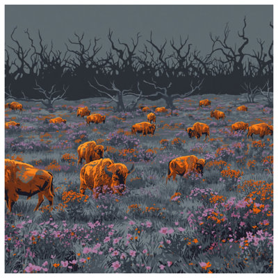 Buffalo In Wildflowers Field Quilted Bedspread All Sizes