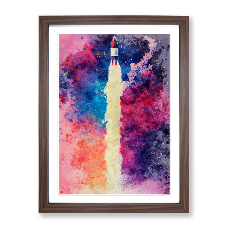 Watercolour Spaceship Rocket No.1 - Single Picture Frame Painting, 64cm H x 46cm W x 2cm D, Walnut