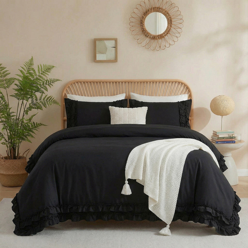 Ensemble de housse de couette à volants 100% coton, Housse de couette très grand et 2 taies d'oreille, Noir