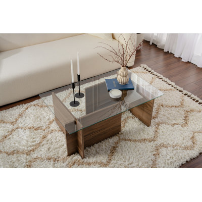 Table basse moderne avec plateau en verre trempé, couleur travertin, 105 x 40 x 65 cm, cadre 100% mélaminé, conception en marbre, pour le salon et les espaces contemporains