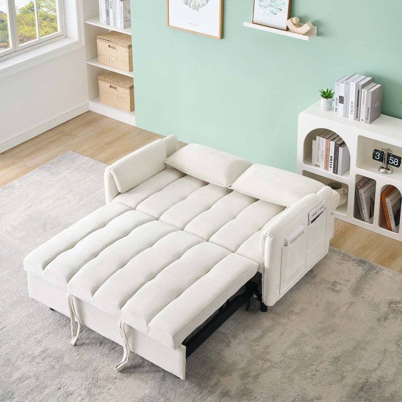Canapé-lit moderne en velours de 52 po - convertible 3-en-1 avec coussins et poches latérales, Beige