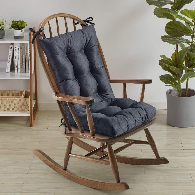 Rocking Chair Cushion Premium Comfortable Thick Tufted High-Backed Pillows Lounger Pads Nonslip Back Seat 2 Piece Set of Upper and Lower with Ties, Navy Blue Color