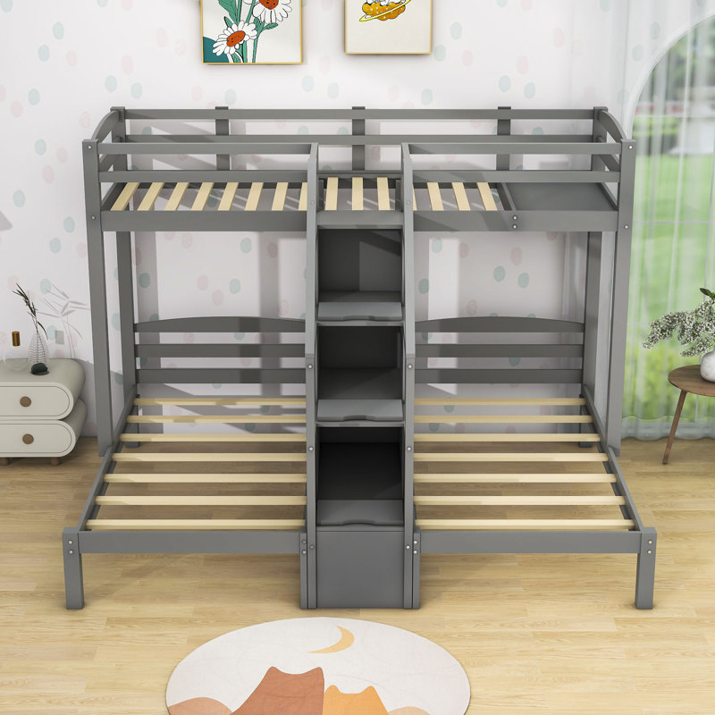Lit superposé simple au-dessus de simple et simple en bois avec escalier intégré Wood, Gris