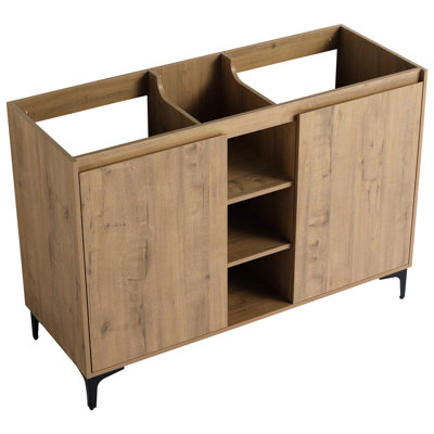 Meuble-lavabo autoportant de 48 po, charnières à fermeture en douceur sur les portes doubles, compartiments de rangement ouverts, contreplaqué de haute qualité, meuble-lavabo à installation moderne, fonction de porte à fermeture, chêne imitation de qualité