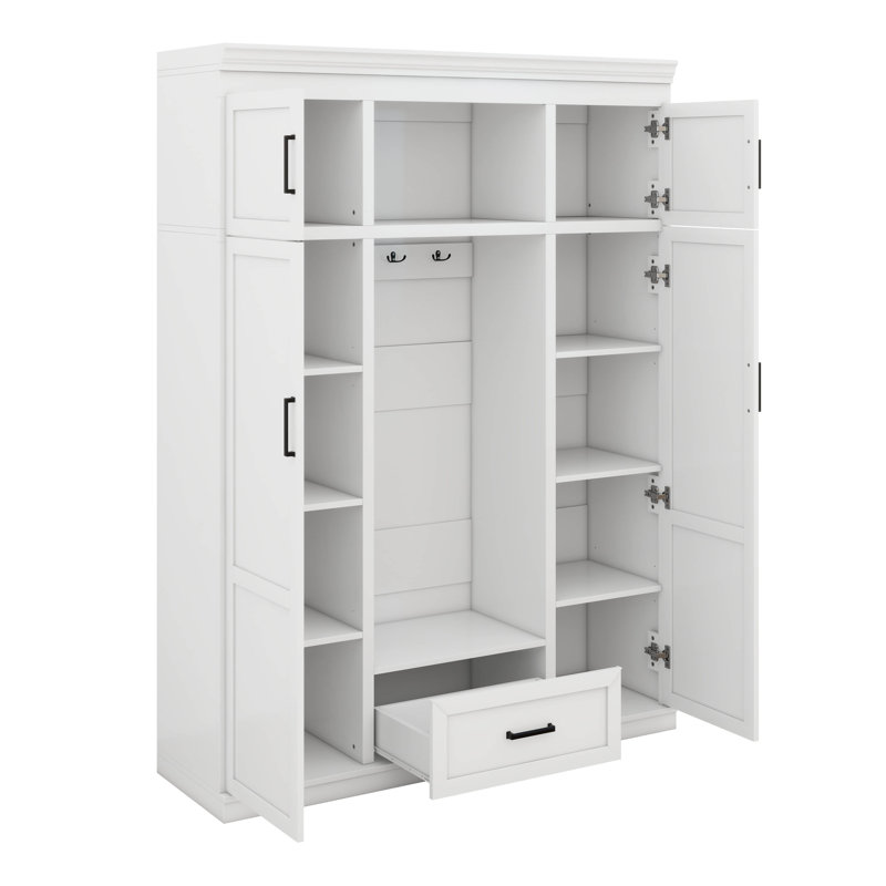 Arbre d'entrée 85,5 po avec banc, armoire de rangement pour hall d'entrée avec 3 crochets, portemanteau avec 4 portes, 1 tiroir et tablettes réglables