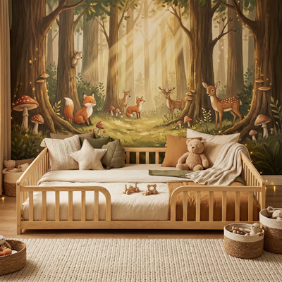 Full Size Floor Fence Bed with Central Entrance,Pine Wood Floor bed with Guardrails