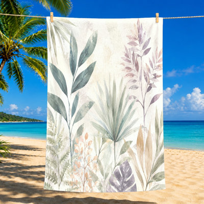 1Pcs Botanical Print Beach Towel, featuring watercolor tropical leaves in muted tones, perfect for trips, travel, and yoga.