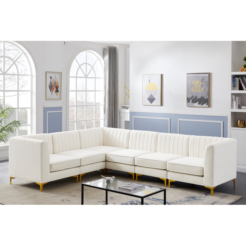Enson Velvet L-Shaped Sectional Reversible, Cream Velvet