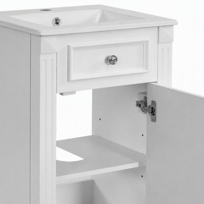 Meuble-lavabo français sur pied de 45,7 cm (18 pouces) avec lavabo en céramique, porte à fermeture douce et tablette réglable
