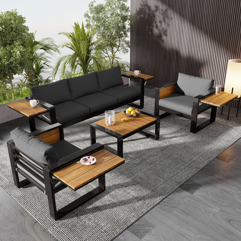  Ensemble de conversation de patio 4 pièces en aluminium avec quatre plateaux latéraux rabattables et table basse à lattes gris