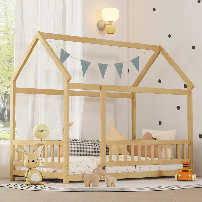 Kids House Floor Wooden Bed With Roof Frame, Safety Guardrails, Twin, Natural